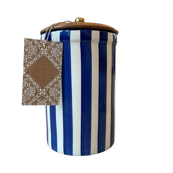 Hand Painted Striped Ceramic Canister w/ Wood Lid Made in India Blue Cream 8" - Picture 2 of 15